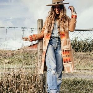 Boho Tribal Aztec Luxe Blanket Trench Coat Button